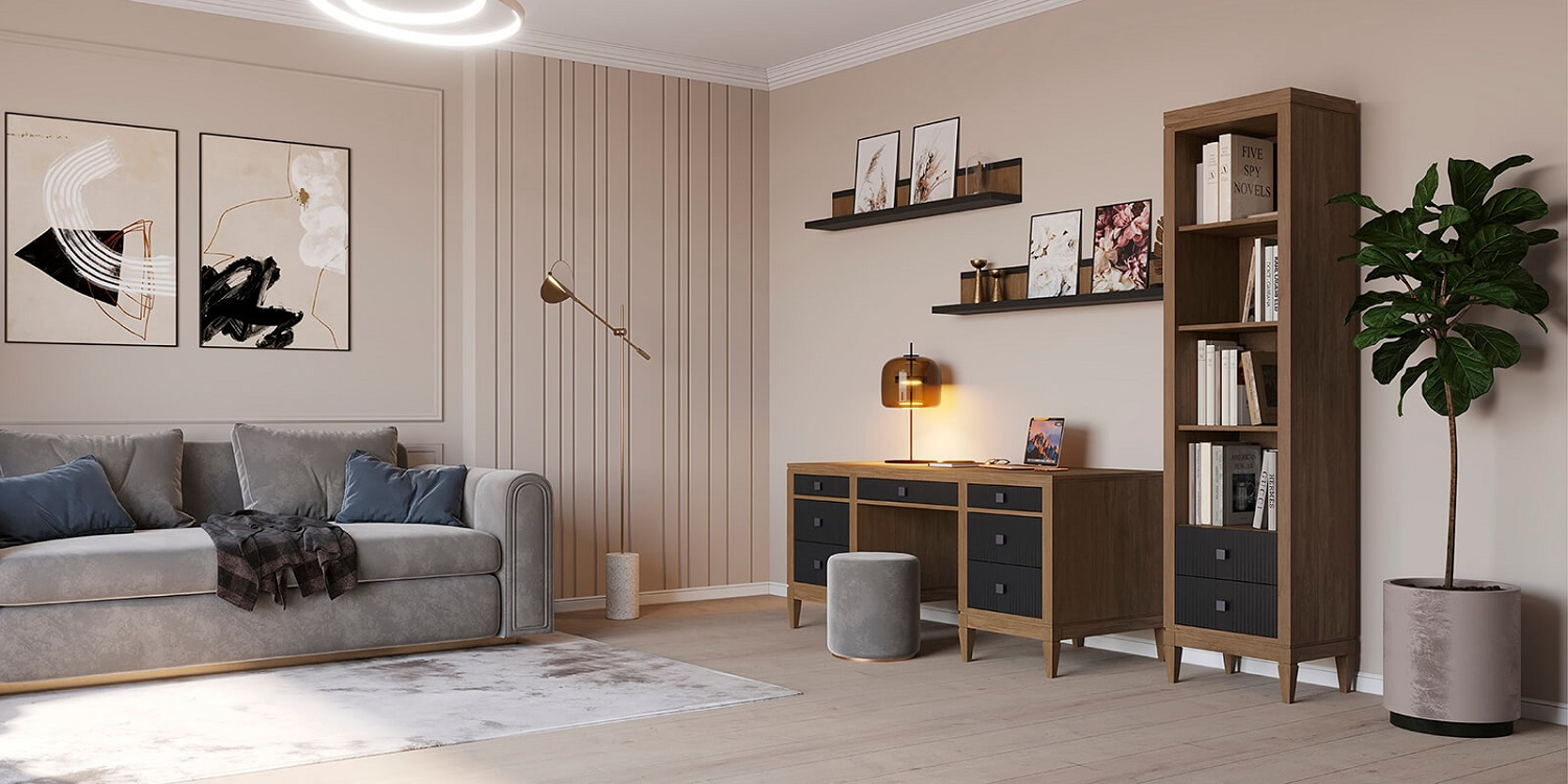 (1.3.3) Стол письменный с 7 ящиками дуб "Фокстрот" 207C (дуб натуральный/бетон/дуб натуральный)