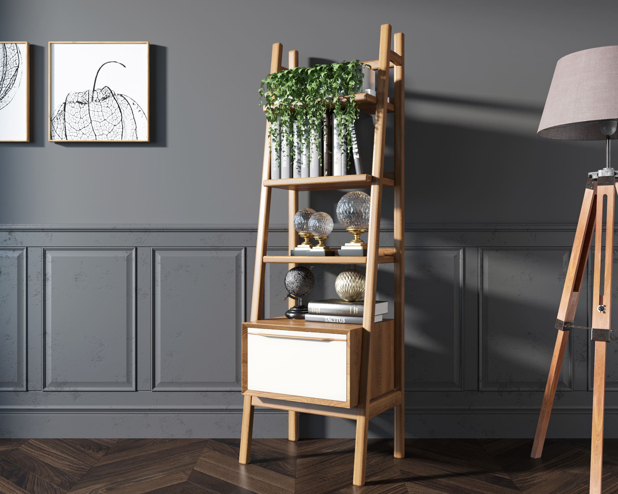 Узкий стеллаж дерево с открытыми полками "Bruni white"