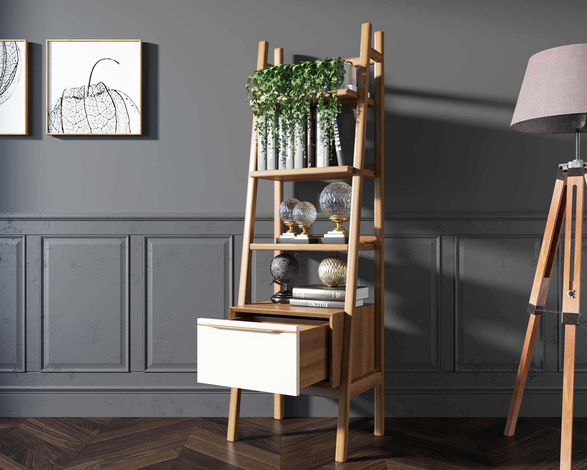 Узкий стеллаж дерево с открытыми полками "Bruni white"