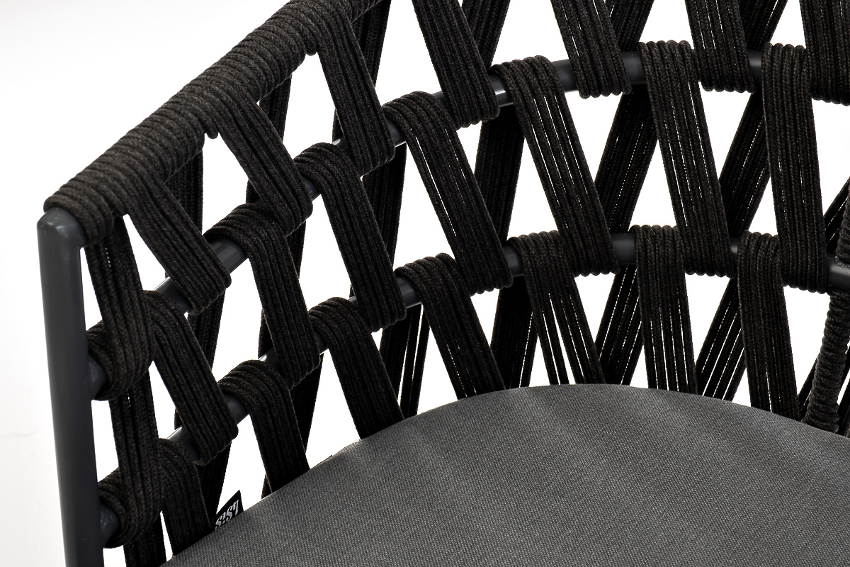 "Диого" стул плетеный из роупа, основание дуб, роуп темно-серый круглый, ткань серая