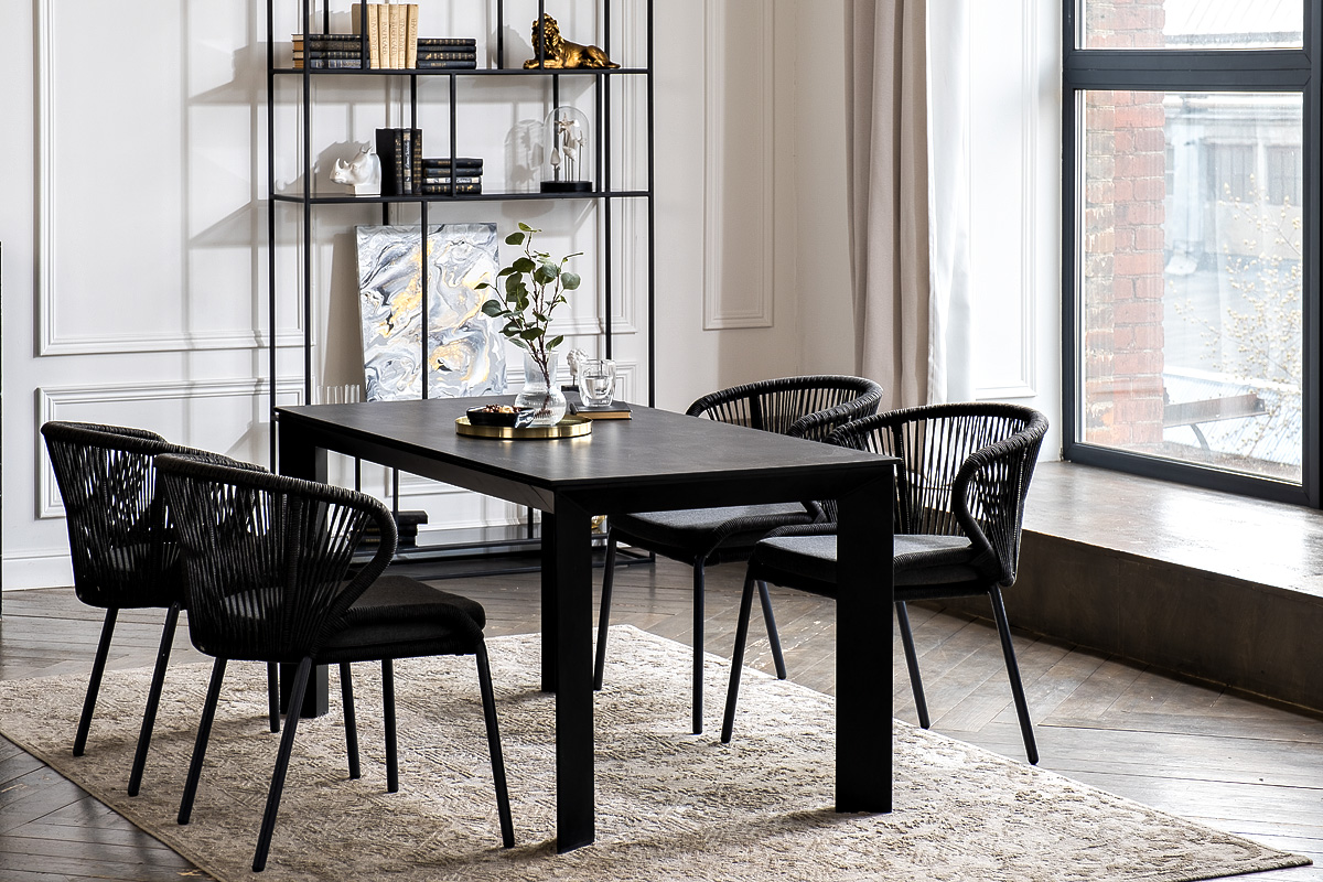 "Венецио" обеденная группа на 4 персоны со стульями "Миленто", каркас темно-серый, роуп темно-серый