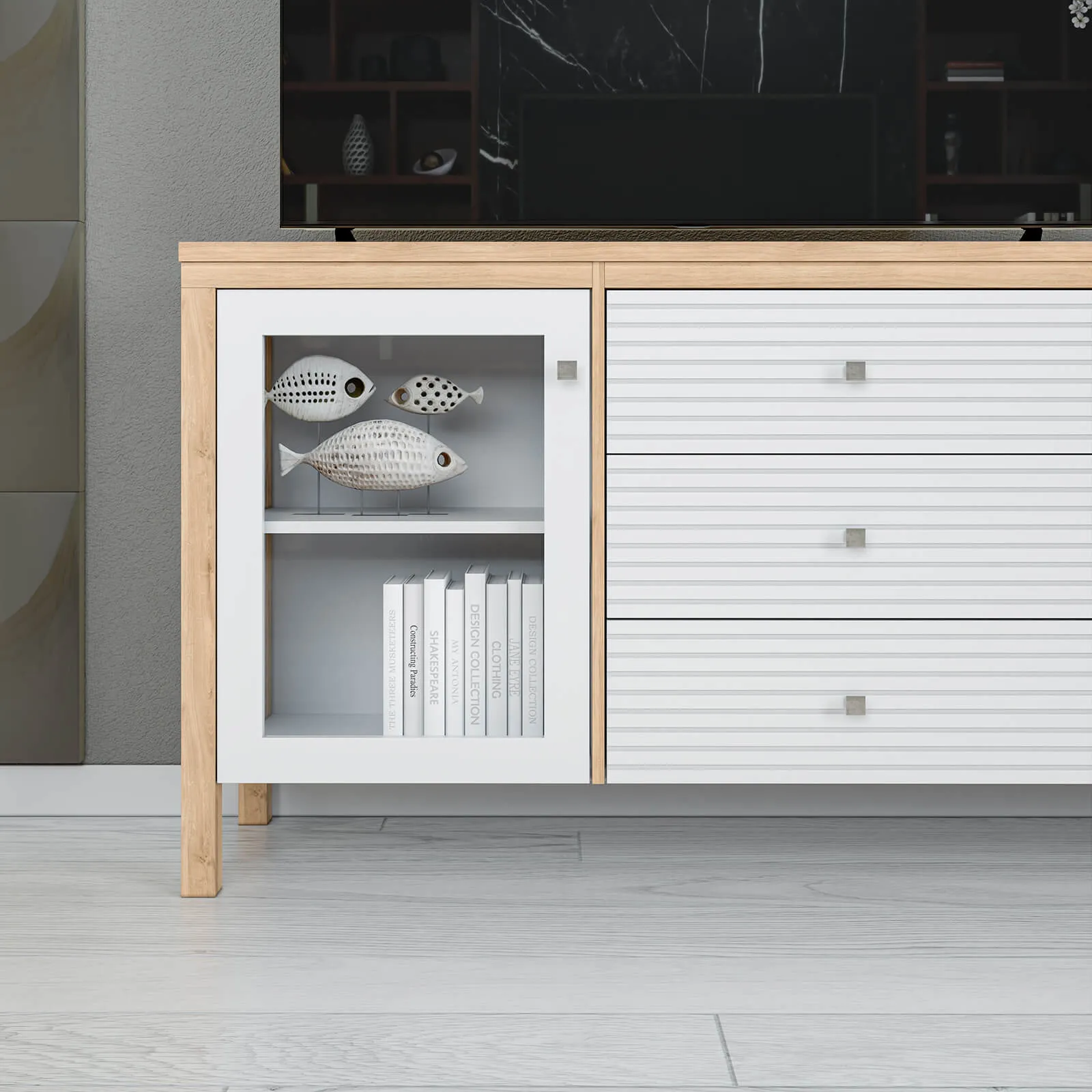 Тумба ТВ с 3 ящиками Вояж-23-РЯ (Белый лак + антик №24)